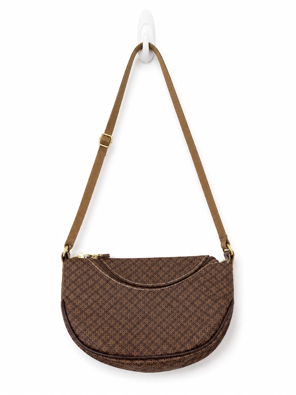 Brown Geometric Print Crescent Shoulder Bag Crossbody Purse